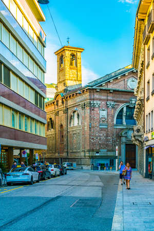 LUGANO, SWITZERLAND, JULY 24, 2017: People are strolling though a street in the center of Swiss city Luganoのeditorial素材