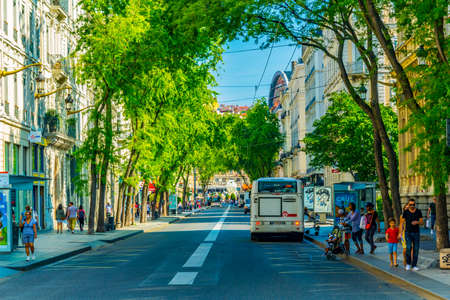 LYON, FRANCE, JULY 22, 2017: People are strolling through a narrow street in the historical center of Lyon, Franceのeditorial素材