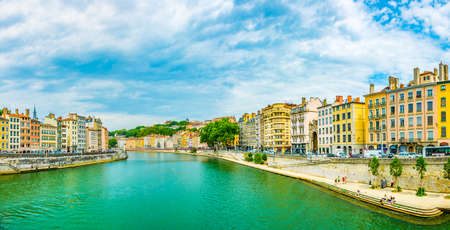 LYON, FRANCE, JULY 22, 2017: Riverside of Saone river in Lyon during a sunny summer day, Franceのeditorial素材