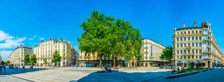 LYON, FRANCE, JULY 22, 2017: Place de la republique in the historical center of Lyon dominated by a large fountain, Franceのeditorial素材