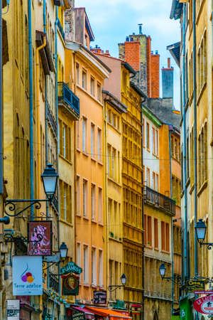 LYON, FRANCE, JULY 22, 2017: People are strolling through a narrow street in the old town of Lyon, Franceのeditorial素材