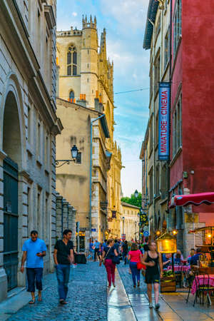 LYON, FRANCE, JULY 23, 2017: People are strolling through the old town of lyon during sunset, Franceのeditorial素材