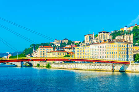 Riverside of Saone river in Lyon during a sunny summer day, France