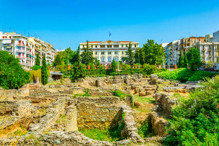 Ancient ruins in front of ministry of Macedonia - Thrace in Thessaloniki, Greece