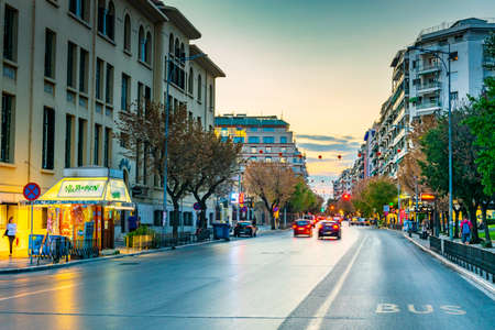 THESSALONIKI, GREECE, SEPTEMBER 8, 2017: Night view of the main boulevard in Thessaloniki, Greeceのeditorial素材