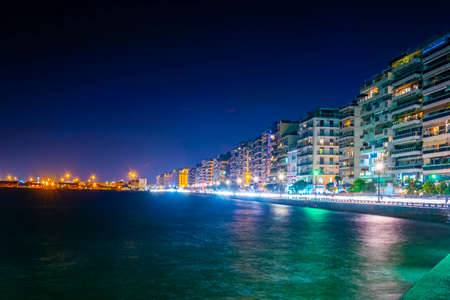 Night view of seaside promenade in Thessaloniki, Greece