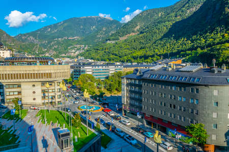 ANDORRA LA VELLA, ANDORRA, SEPTEMBER 29, 2017: Aerial view of square of seven poets at Andorra la...