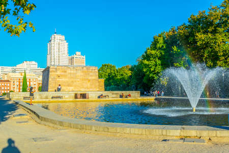 MADRID, SPAIN, OCTOBER 3, 2017: egyptian temple of debod surrounded by business district in madridの写真素材