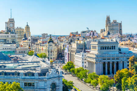 MADRID, SPAIN, OCTOBER 6, 2017: Aerial view of Madrid from Palacio de Cibeles, Spain