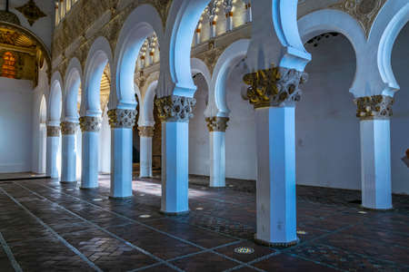 TOLEDO, SPAIN, OCTOBER 2, 2017: White arches at Sinagoga de Santa Maria La Blanca in the historical...