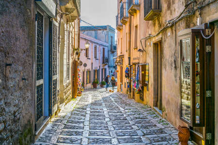 ERICE, ITALY, APRIL 20, 2017: View of a narrow street in the historical center of Erice village on Sicily, Italyのeditorial素材