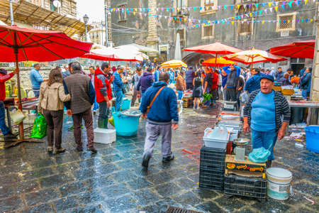 CATANIA, ITALY, APRIL 27, 2017: View of a famous saturday fish market in Catania, Sicily, Italyのeditorial素材