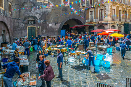 CATANIA, ITALY, APRIL 27, 2017: View of a famous saturday fish market in Catania, Sicily, Italyのeditorial素材