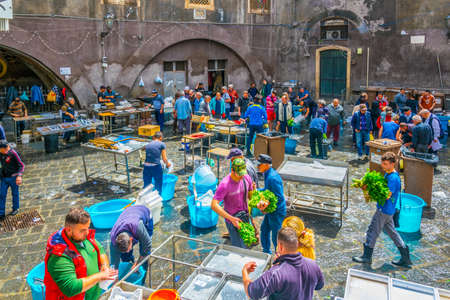 CATANIA, ITALY, APRIL 27, 2017: View of a famous saturday fish market in Catania, Sicily, Italyのeditorial素材