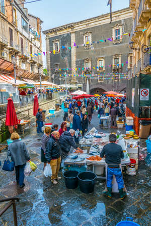 CATANIA, ITALY, APRIL 27, 2017: View of a famous saturday fish market in Catania, Sicily, Italyのeditorial素材