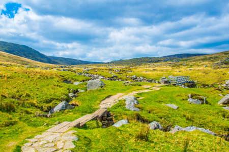 Aerial view of the upper and lower lake in Glendalough, Irelandの写真素材