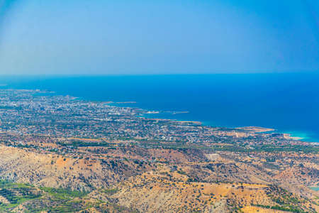 Aerial view of Kyrenia/Girne from Buffavento castle in Cyprusの写真素材