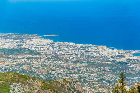 Aerial view of Kyrenia/Girne from Buffavento castle in Cyprusの写真素材
