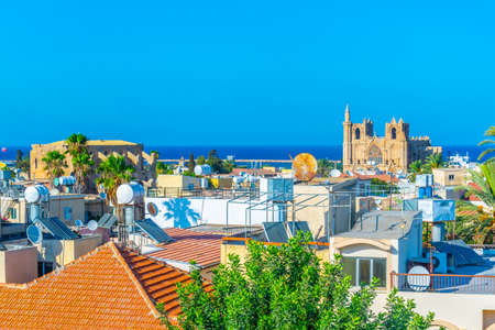 Aerial view of Old town of Famagusta with Lala Mustafa Pasa Mosque, Cyprusの写真素材