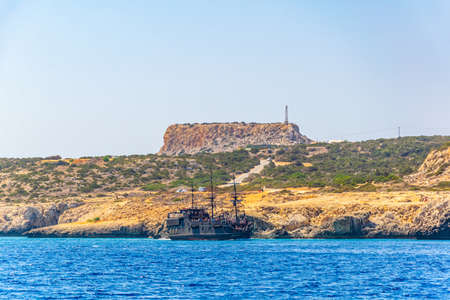 Tourists are enjoying a sunny day at lagoon near Cape Greco on Cyprusの写真素材