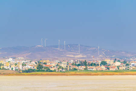 Wind energy farm erected over Larnaca Salt lake, Cyprusの写真素材
