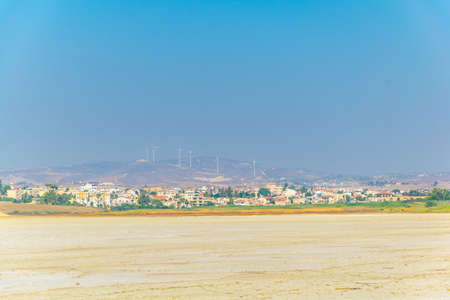 Wind energy farm erected over Larnaca Salt lake, Cyprusの写真素材