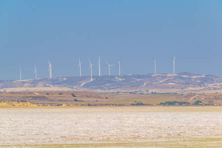Wind energy farm erected over Larnaca Salt lake, Cyprusの写真素材