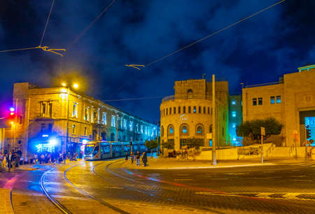 JERUSALEM, ISRAEL, SEPTEMBER 6, 2018: Night view of Jaffa street in Jerusalem, Israelのeditorial素材