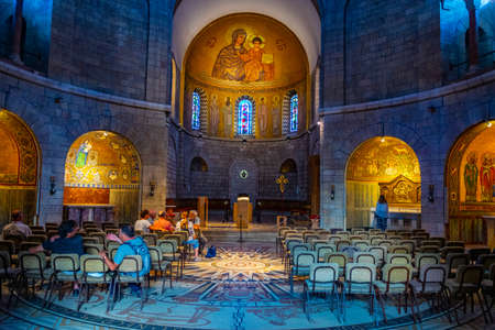 JERUSALEM, ISRAEL, SEPTEMBER 7, 2018: Interior of franciscan monastery of dormition in Jerusalem,...