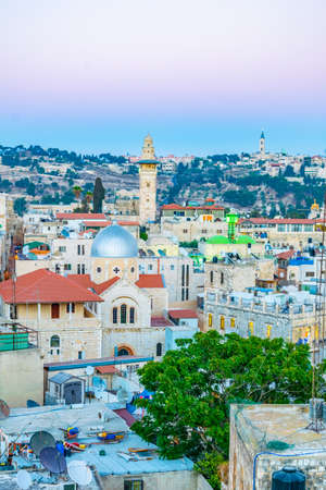 Sunset view of churches of Saint Anne and Saint Mary of agony in Jerusalem, Israel
