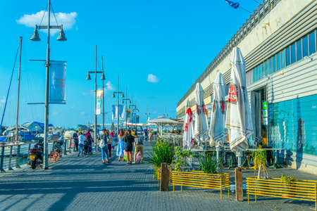 TEL AVIV, ISRAEL, SEPTEMBER 9, 2018: People are strolling through old port of Yaffo in Tel Aviv, Israelのeditorial素材