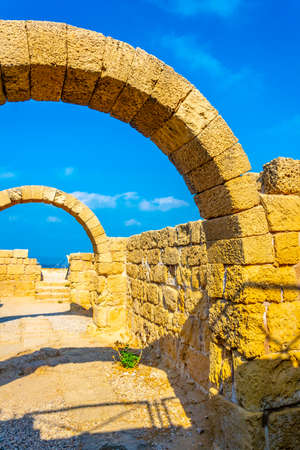 Ruins of ancient bathhouse at Caesarea in Israelの写真素材