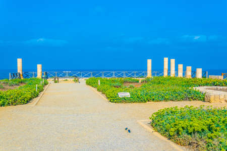 Ruins of promontory palace at ancient caesarea in Israelの写真素材