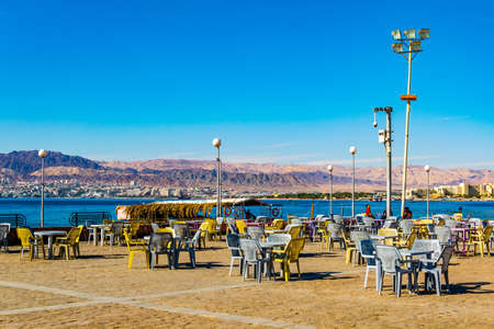 AQABA, JORDAN, DECEMBER 31, 2018: Open air restaurant at the arab revolt square in Aqaba, Jordanのeditorial素材