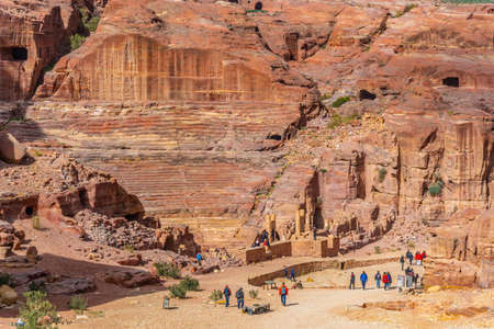 PETRA, JORDAN, JANUARY 3, 2019: People are walking towards ancient theatre in Petra, Jordanのeditorial素材