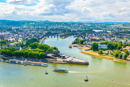 Aerial view of confluence of Rhein and Mosel rivers in Koblenz, Germany