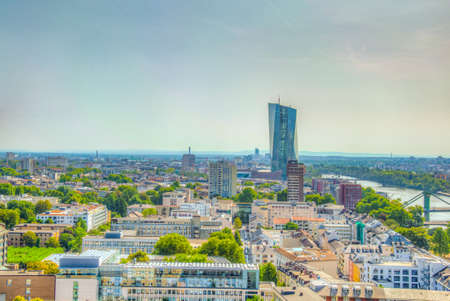 Aerial view of Frankfurt dominated by the new headquarters of ECB, Germanyの写真素材