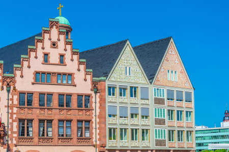 Beautiful wooden facades of houses on Romerberg square in Frankfurt, Germanyの写真素材
