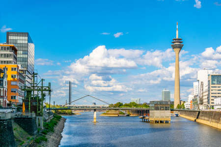 Hafen view of the Rheinturm in Dusseldorf, Germanyの写真素材