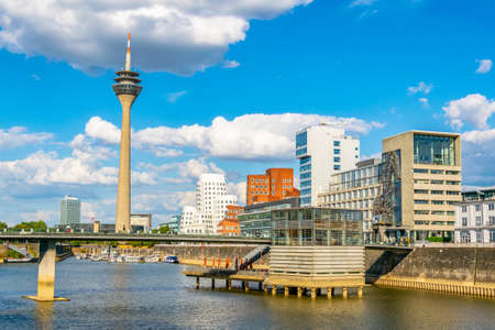 Hafen view of the Rheinturm in Dusseldorf, Germanyのeditorial素材