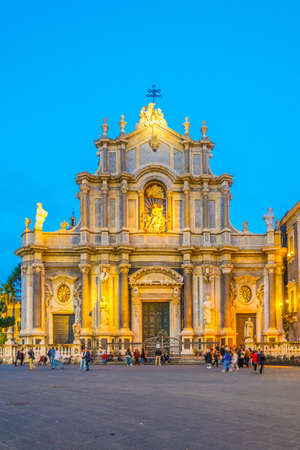 CATANIA, ITALY, APRIL 28, 2017:  Night view of the cathedral of saint agatha in Catania, Sicily, Italyのeditorial素材
