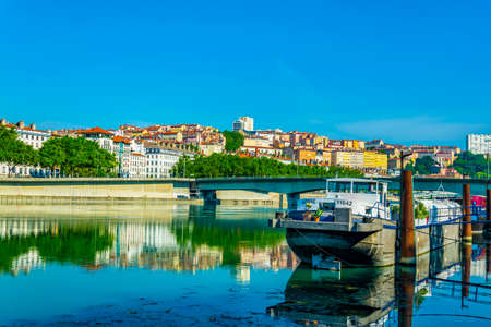 Riverside of Rhone river in Lyon, Franceのeditorial素材