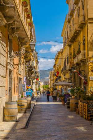View of a narrow street in Trapani, Sicily, Italyのeditorial素材