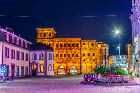 TRIER, GERMANY, AUGUST 14, 2018: Night view of Porta Negra in trier, Germanyのeditorial素材