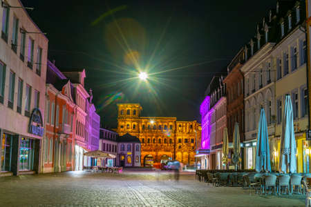TRIER, GERMANY, AUGUST 14, 2018: Night view of Porta Negra in trier, Germanyのeditorial素材