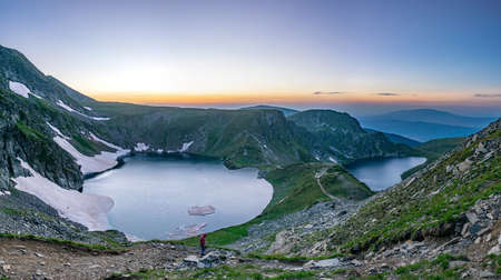 Sunrise aerial view of seven rila lakes in Bulgariaの写真素材