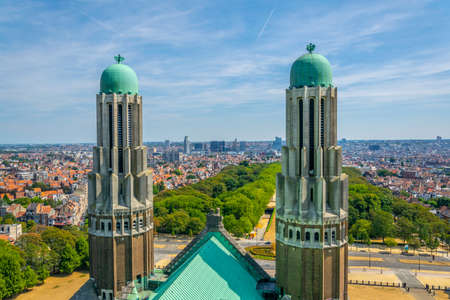 Aerial view of Brussels with two towers of Koekelberg basilica, Belgium