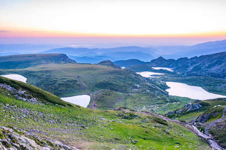 Sunrise aerial view of seven rila lakes in Bulgariaの写真素材