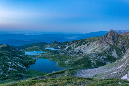 Sunset aerial view of seven rila lakes in Bulgariaの写真素材