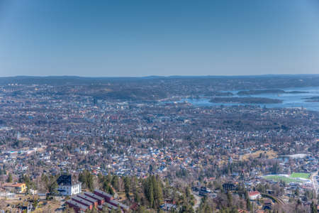 Aerial view of Oslo from Holmenkollen ski jump, Oslo, Norwayの写真素材